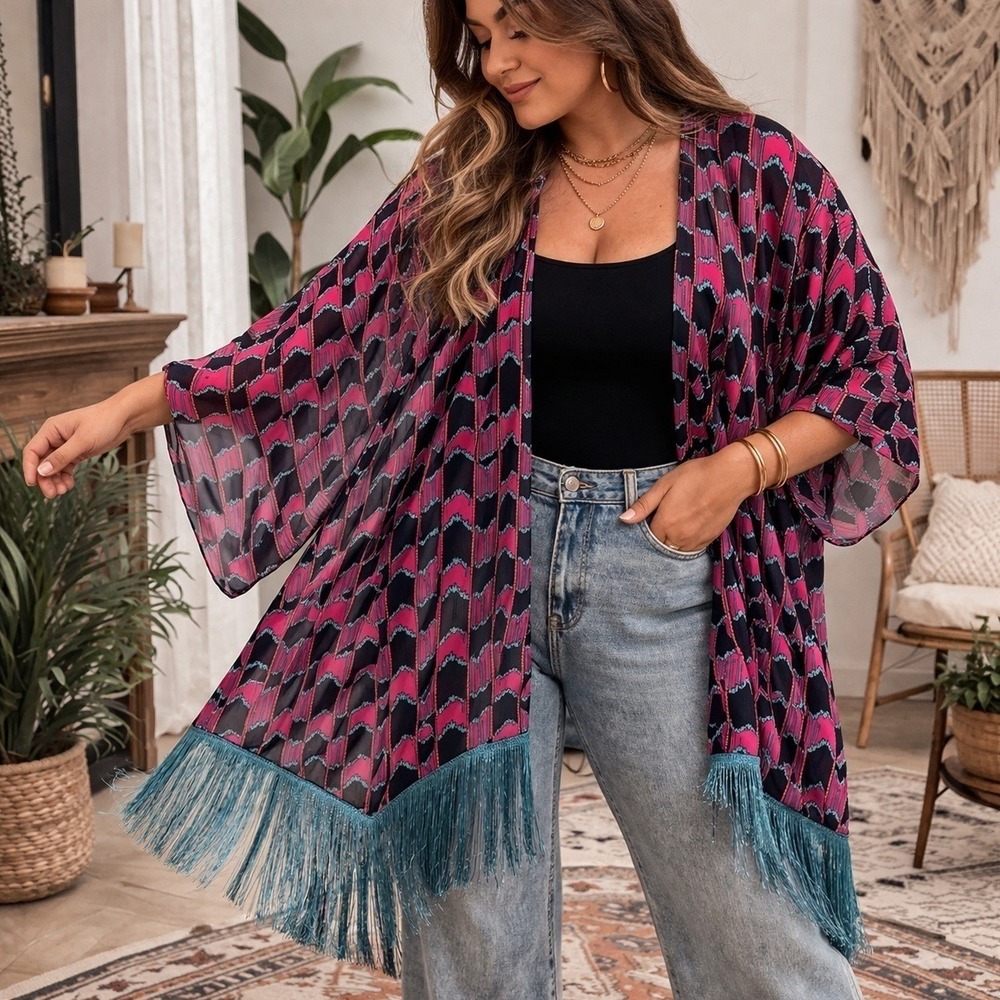 NWT LuLaRoe Sheer Fringe Kimono S Boho Duster Cardigan Festival Layering - Picture 10 of 10